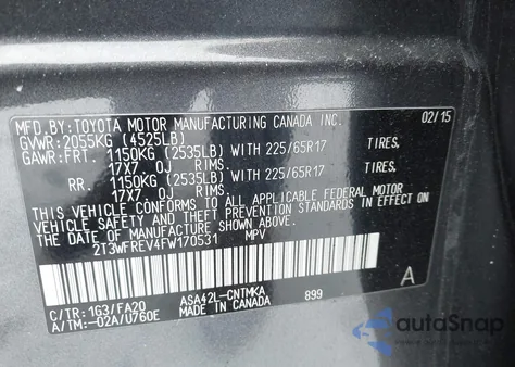 2015 Toyota Rav4 Xle из США, поврежденный, VIN 2T3WFREV4FW170531